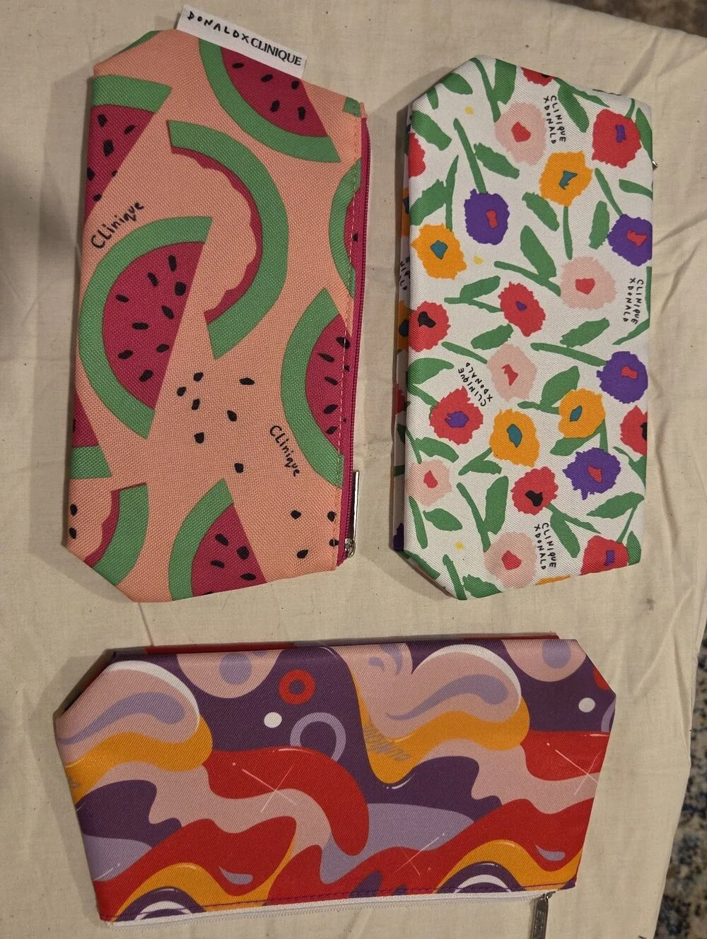 Clinique x Donald Watermelon & Floral Cosmetic Pouches - Pink, Green, White